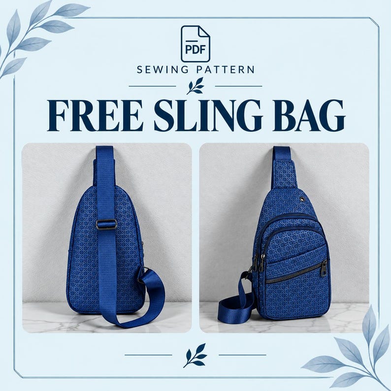 May include: A PDF sewing pattern for a blue sling bag with a geometric pattern. The bag features an adjustable strap, a front zippered pocket, and a main compartment. The text reads PDF SEWING PATTERN FREE SLING BAG.
