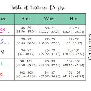 May include: A table showing size reference for clothing with measurements in inches and centimeters. The table includes sizes XS, S, M, L, and XL with corresponding bust, waist, and hip measurements.