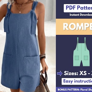 Könnte beinhalten: PDF-Schnittmuster für einen blauen Jumpsuit mit Taschen und Bindebändern. Das Schnittmuster umfasst die Größen XS bis XL und einfache Anleitungen. Ein Bonus-Schnittmuster für ein kurzes Blumenkleid ist ebenfalls enthalten.
