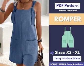 Romper Pattern | XS-XL | Romper Sewing Pattern | Summer Dress Pattern | Playsuit Pattern | Women Sewing Pattern | Jumpsuit Sewing Pattern