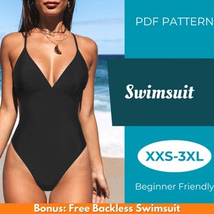 Può includere: Un costume da bagno nero con scollo a V e spalline regolabili. Il costume da bagno è mostrato su una modella su uno sfondo di spiaggia. Il testo "PDF PATTERN" è nella parte superiore dell'immagine, e il testo "Swimsuit" è in una casella turchese sotto. Il testo "XXS-3XL" è in una casella turchese sotto il testo "Swimsuit". Il testo "Beginner Friendly" è sotto il testo "XXS-3XL". Il testo "Bonus: Free Backless Swimsuit" è nella parte inferiore dell'immagine.