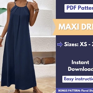 Op de afbeelding: Een PDF-patroon voor een maxi-jurk in de maten XS tot XL. De jurk is marineblauw en heeft een halternek. Het patroon bevat eenvoudige instructies en een bonuspatroon voor een korte bloemenjurk.