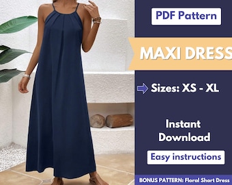 Maxi Dress Pattern | XS-XL | Dress Sewing Pattern | Summer Dress Pattern | Easy Long Dress Pattern | Women Sewing Pattern | PDF Pattern