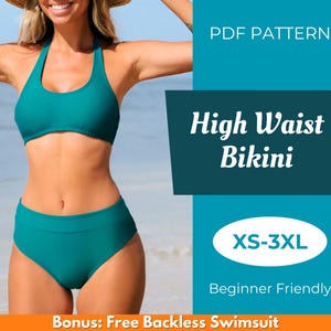 Op de afbeelding: PDF-patroon voor een high-waisted bikini in teal groen. Het patroon is verkrijgbaar in maten XS-3XL en is geschikt voor beginners. Bonus: Gratis Backless Swimsuit-patroon inbegrepen.