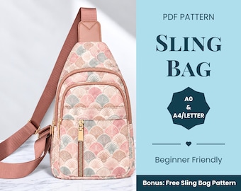May include: A sling bag with a quilted fan pattern in shades of pink, gray, and white, featuring a dusty rose adjustable strap, gold-tone zippers, and two front pockets. The text reads PDF PATTERN SLING BAG A0 & A4/LETTER Beginner Friendly.