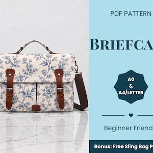 May include: A briefcase PDF pattern featuring a cream-coloured bag with a blue floral print, brown leather-look straps with silver buckles, and a dark brown shoulder strap. Text includes PDF PATTERN, BRIEFCASE, A0 & A4/LETTER, and Bonus: Free Sling Bag Pattern.