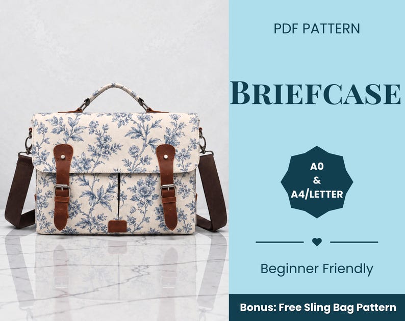Pu&ograve; includere: Un cartamodello PDF per ventiquattrore con una borsa color crema a stampa floreale blu, cinturini in similpelle marrone con fibbie argentate e una tracolla marrone scuro. Testo: PDF PATTERN, BRIEFCASE, A0 & A4/LETTER, Bonus: Free Sling Bag Pattern.