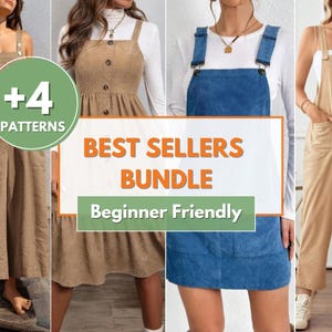 May include: A set of four sewing patterns for making different styles of overalls. The patterns are beginner friendly and include a variety of styles, including a denim overall dress, a corduroy overall dress, a wide-leg overall, and a cropped overall. The image includes the text "Best Sellers Bundle" and "Beginner Friendly".