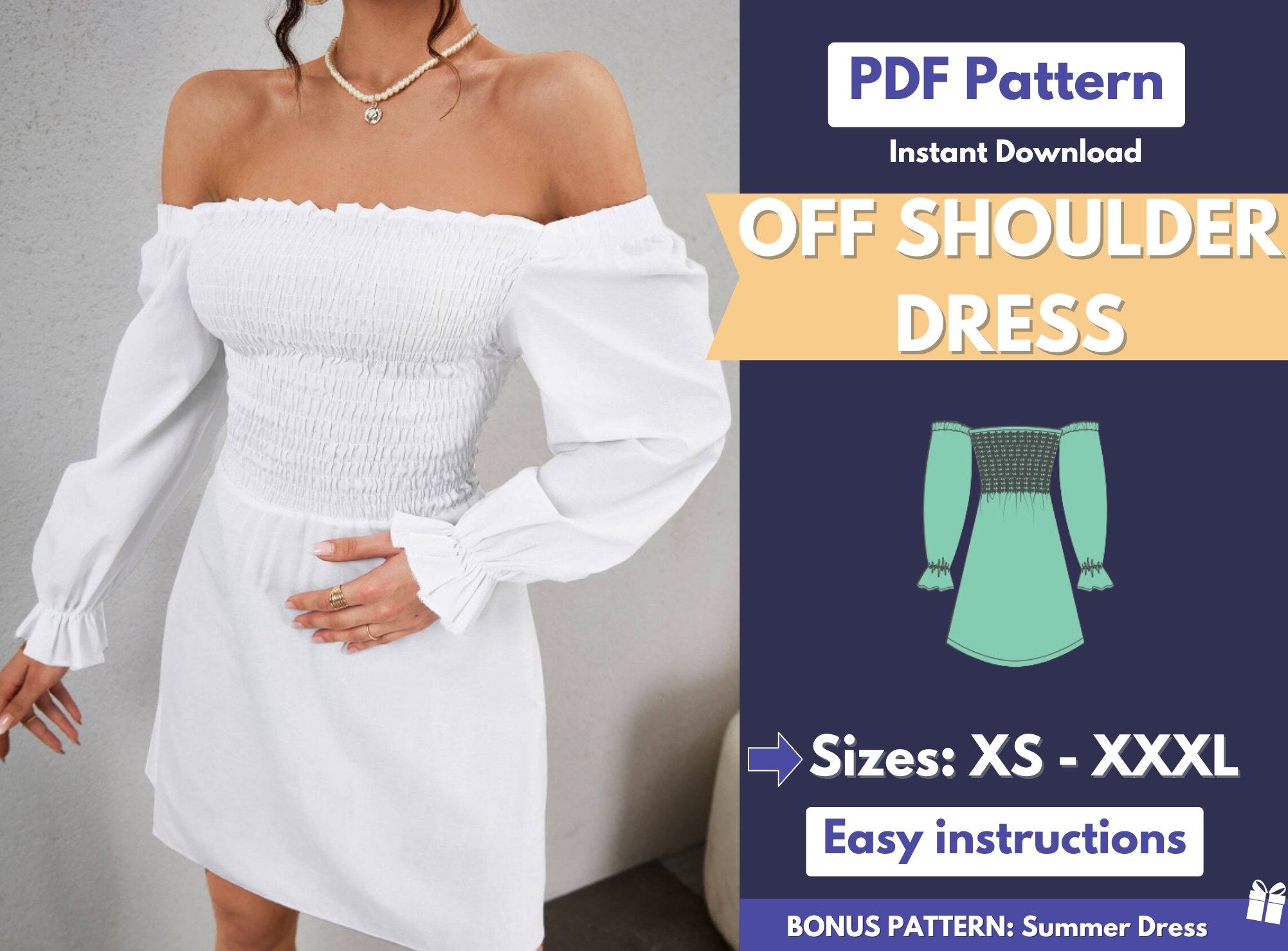 Off Shoulder Dress Sewing Pattern | XS-XXXL | Dress Pattern | Short ...