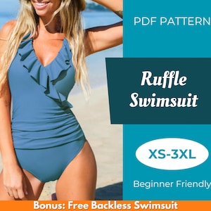 May include: A PDF pattern for a blue ruffle swimsuit. The pattern is available in sizes XS-3XL and is beginner friendly. The image shows a woman wearing the swimsuit. The text "Bonus: Free Backless Swimsuit" is at the bottom of the image.