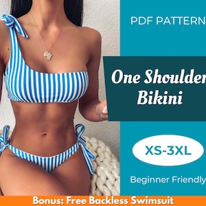 Puede incluir: Patrón PDF para un bikini de un solo hombro con rayas azules y blancas. El patrón incluye tallas XS-3XL y es apto para principiantes. Bonus: Patrón de traje de baño sin espalda gratis.