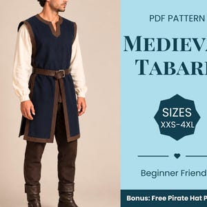 Puede incluir: Un patrón en PDF para un tabardo medieval azul marino con ribete marrón, cuello en V y cinturón marrón. El texto dice: PDF PATTERN, MEDIEVAL TABARD, SIZES XXS-4XL, Beginner Friendly, Bonus: Free Pirate Hat Pattern.