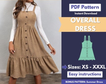 May include: A PDF sewing pattern for an overall dress with a button-up front and a ruffled hem. The pattern includes sizes XS to XXXL and easy instructions. A bonus pattern for a summer dress is also included.
