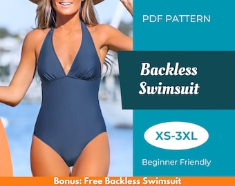 May include: A PDF pattern for a backless swimsuit, available in sizes XS-3XL. The pattern is beginner friendly. The image shows a woman wearing a blue swimsuit.