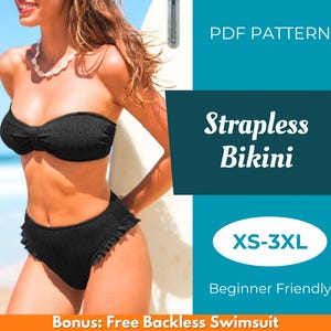 May include: A black strapless bikini made from textured material, with a bow on the top and frills on the bottoms. The image includes text that says "PDF Pattern", "Strapless Bikini", "XS-3XL", and "Beginner Friendly".