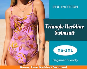 May include: A PDF pattern for a triangle neckline swimsuit in sizes XS-3XL. The pattern is beginner friendly and includes a bonus free backless swimsuit pattern.