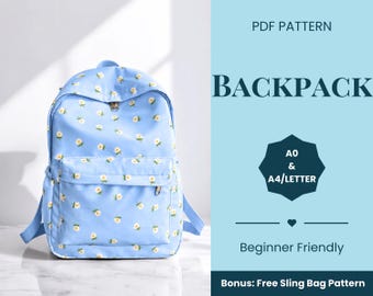 May include: A light blue backpack with a white and yellow daisy floral pattern. The text on the right reads: PDF PATTERN BACKPACK A0 & A4/LETTER Beginner Friendly Bonus: Free Sling Bag Pattern. The backpack features a front zippered pocket.