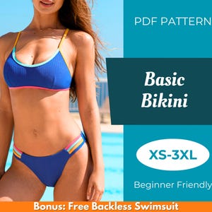 Pode incluir: Um biquíni azul com alças amarelas e acabamentos rosa e azul claro. A imagem inclui o texto "PDF Pattern", "Basic Bikini", "XS-3XL" e "Beginner Friendly".