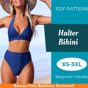 Op de afbeelding: Een marineblauwe halterbikini. De top heeft een V-hals ontwerp en de high-waisted broekjes bieden volledige bedekking. De afbeelding bevat tekst met "PDF Pattern", "Halter Bikini", "XS-3XL" en "Beginner Friendly".