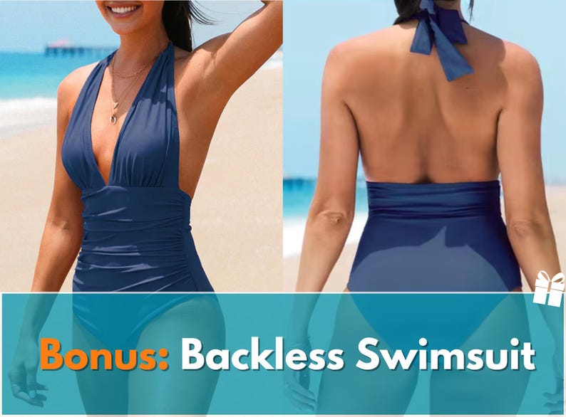 May include: Navy blue halter swimsuit with a deep V-neck and ruched detailing. The backless design features a tie closure at the neck. The image also includes the text "Bonus: Backless Swimsuit".