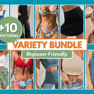 Könnte beinhalten: Eine Collage verschiedener Kleidungsstücke, darunter Bademode, Overalls und Oberteile. Das Bild zeigt den Text "Variety Bundle" und "+10 Patterns" in einem grünen Kreis. Der Satz "Beginner Friendly" ist ebenfalls zu sehen.