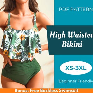 Peut inclure: Patron PDF pour un bikini taille haute avec un haut imprimé tropical et un bas uni vert. Tailles XS-3XL. Facile pour les débutants. Bonus : Patron de maillot de bain dos nu gratuit.