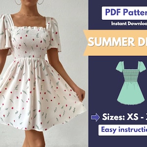 Peut inclure: Patron PDF pour une robe d'été à fond blanc et imprimé floral rouge. Le patron comprend les tailles XS-XL et des instructions faciles.  "PDF Pattern" et "Instant Download" sont écrits dans le coin supérieur droit. "SUMMER DRESS" est écrit dans le coin supérieur droit dans une boîte jaune.  "Sizes: XS - XL" est écrit dans le coin inférieur droit.  "Easy instructions" est écrit dans le coin inférieur droit dans une boîte bleue.