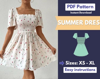 Summer Dress Pattern | XS-XL | Sewing Pattern | Easy Dress Pattern | Short Dress Pattern | PDF Pattern | Women Sewing Pattern | Puff Sleeve
