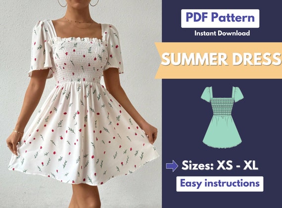 Summer Dress Pattern | XS-XL | Sewing Pattern | Easy Dress Pattern | Short Dress Pattern | PDF Pattern | Women Sewing Pattern | Puff Sleeve