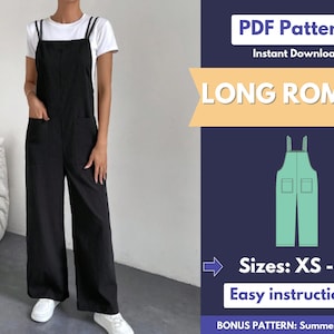 Könnte beinhalten: PDF-Schnittmuster für einen langen Jumpsuit mit einer grünen Illustration des Kleidungsstücks. Das Schnittmuster umfasst die Größen XS bis XL und einfache Anleitungen. Ein Bonus-Schnittmuster für ein Sommerkleid ist ebenfalls enthalten.