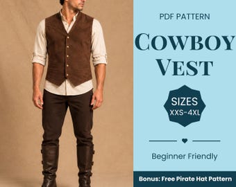 Cowboy Vest Pattern | Vest Pattern | Cowboy Costume Pattern | Costume Sewing Pattern | Fantasy Pattern | Beginner Pattern | XXS-XXXXL