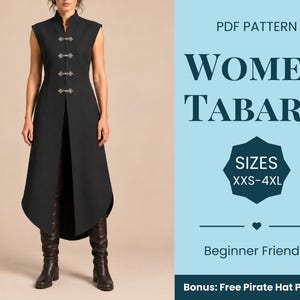 Puede incluir: Una túnica sin mangas negra con cuello alto y cuatro cierres decorativos plateados en la parte delantera. El texto a la derecha dice PDF PATTERN WOMEN TABARD SIZES XXS-4XL Beginner Friendly Bonus: Free Pirate Hat Pattern.
