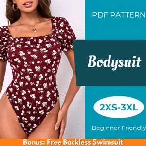 Könnte beinhalten: Ein PDF-Schnittmuster für einen roten Blumendress mit kurzen Puffärmeln. Das Schnittmuster ist in den Größen 2XS-3XL erhältlich und für Anfänger geeignet. Das Bild enthält auch den Text "Bonus: Kostenloser Rückenfrei-Badeanzug".