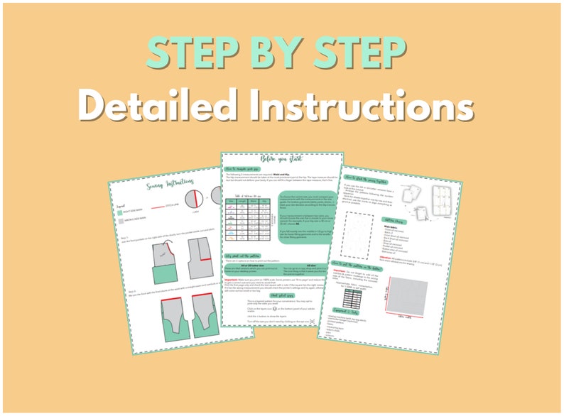 May include: Step-by-step sewing instructions with illustrations for a garment. The instructions include a table for sizing and a diagram of the garment pieces.