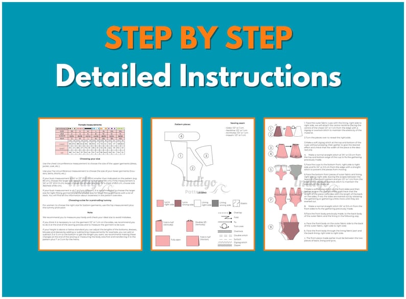 May include: A teal background with the words "STEP BY STEP" in orange and "Detailed Instructions" in white. Three detailed instruction pages are displayed, including pattern pieces, sewing instructions, and measurements for a garment.