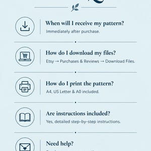 May include: A light blue FAQ information sheet with dark blue text and icons. It lists five questions: When will I receive my pattern? How do I download my files? How do I print the pattern? Are instructions included? Need help? Includes leaf accents.