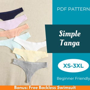May include: A collection of seven ribbed thong underwear in various pastel colors, including navy, lavender, peach, light blue, white, yellow, and gray. The image also includes text that reads "PDF Pattern", "Simple Tanga", "XS-3XL", and "Beginner Friendly".