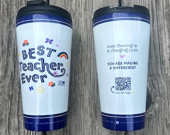 Best Teacher Ever Travel Mug with Augmented Reality | Interactive AR Teacher Gift | Unique End of School Year Present | Modern Colorful Cup