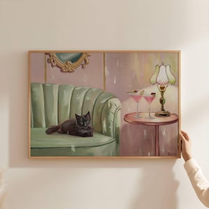 マティーニを持つ黒猫のアートプリント | キュートで風変わりな | カクテルアートバーカートの装飾 | ファインアートプリントギフト、猫のホームデコレーション、オフィスアートワーク