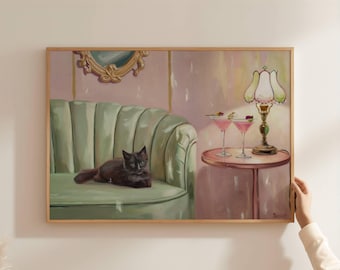 Black Cat Martini Art Print | Quirky Cocktail Bar Decor