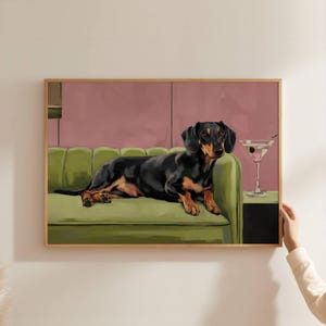Teckelpuppy met martini-kunstprint | Schattig eigenzinnig grillig | Cocktail Art Decor Barwagen | Cadeau kunstafdruk