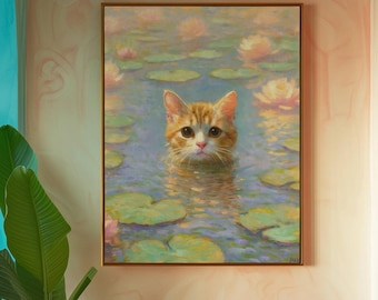 Monet Waterlily Cat Print, Claude Monet Cat Poster, Cat Art, Floral Print, Wall Art, Monet Office Wall Decor, Living Room Wall Art, Cat Gift