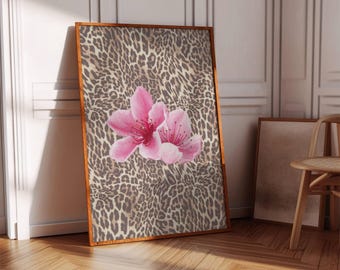 Trendy Leopard Flower Print, Retro Flower Girl Poster, Funky Y2K Aesthetic Apartment Decor, Vintage Girly Pink Cheetah Bedroom Wall Art