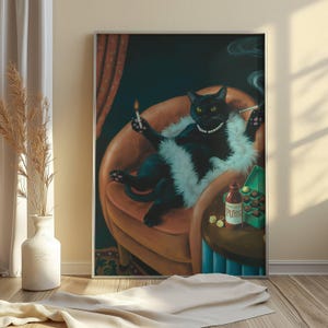 Money Talks - 現代風レトロ猫アートポスター、ゴシックウォールアート、猫好きの方へのユニークなデジタルプリント、モダンなインテリアのギフトアイデア