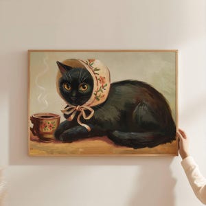 コーヒーを持つ黒猫のアートプリント | キュートで風変わりな気まぐれ | カクテルアートバーカートの装飾 | ファインアートプリントギフト | キュートでエレガントな動物