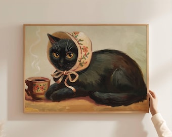 Black Cat with Coffee Art Print | Cute Quirky Whimsical | Cocktail Art Bar Cart Decor | Fine Art Print Gift | Cute Elegant Animals