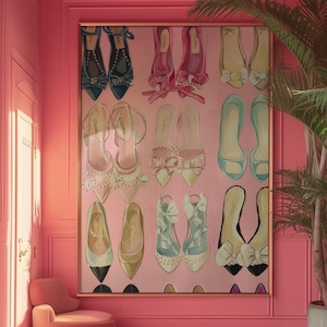 Vintage, talons, affiche Vogue Prints, rose, art mural, photographie, impression, mode, mur, dessus, lit, art, girly, art mural, preppy, impression, dortoir
