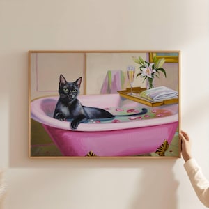 シャンパンを持ったかわいい黒猫のアートプリント | キュートで風変わりな気まぐれ | カクテルアート バーカートの装飾 | ファインアートプリントギフト