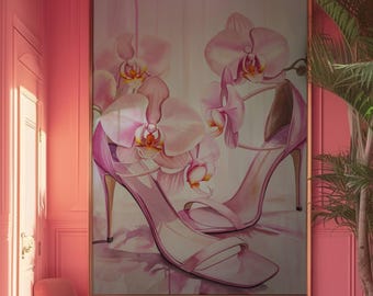 Puede incluir: Una pintura de tacones altos rosas con orquídeas rosas sobre un fondo azul claro. La pintura está enmarcada en oro y colgada en una pared rosa.
