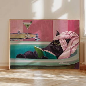 Black Cat Cocktail Art Print | Cute Quirky Whimsical | Cocktail Art Bar Cart Decor | Fine Art Print Gift, Cat Home Decor, Office Artwork